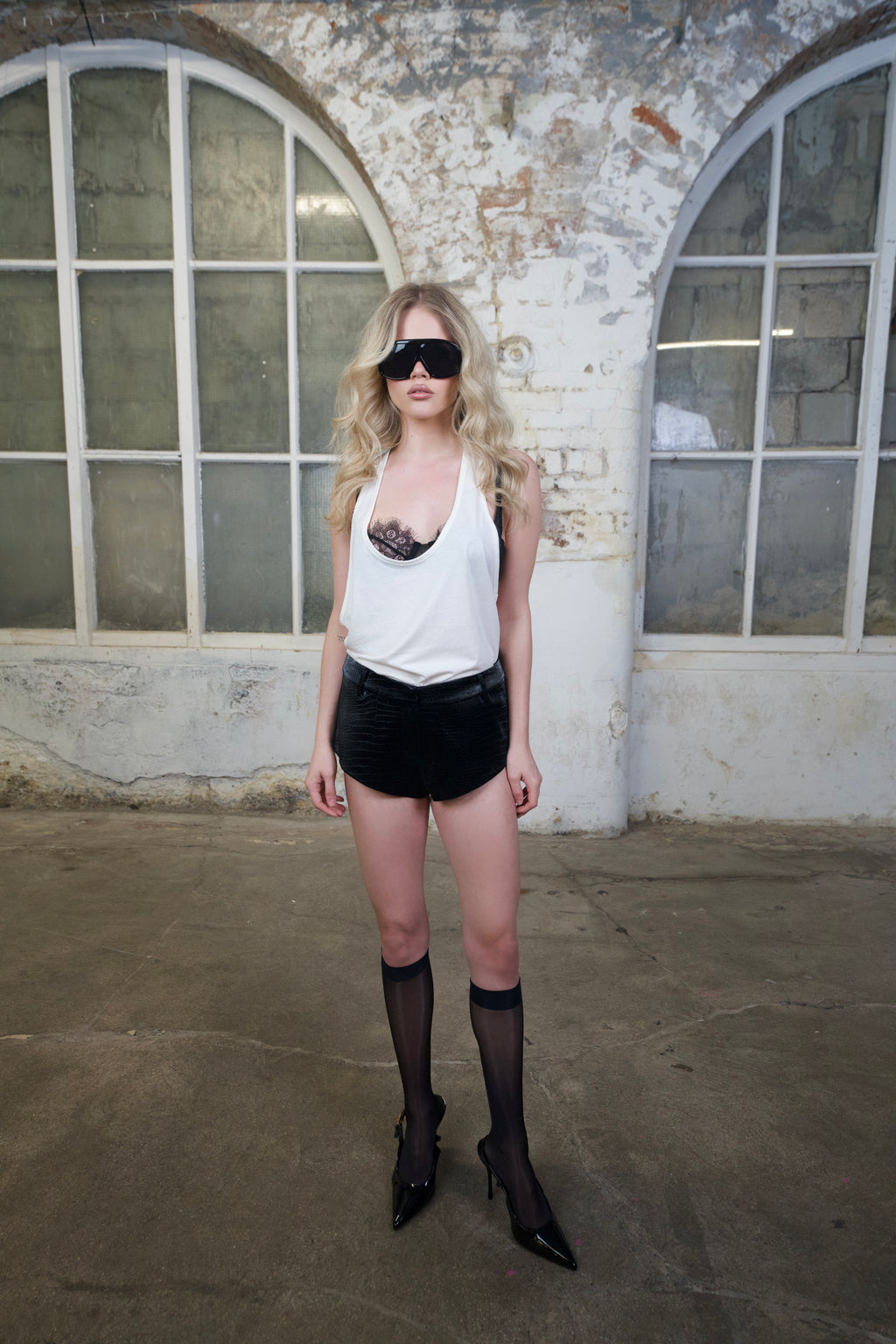 3SPIRIT The Micro Shorts in Black Croc, women's low-rise faux leather micro shorts with crocodile-effect texture
