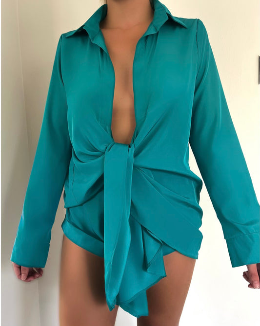 “KNOTOVER” Teal Knot Front Blouse & Short Co - Ord